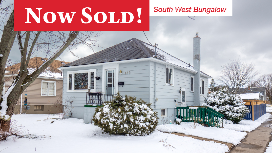 now sold banner with south west bungalow flag on image of 182 linwood ave port colborne sold by frank ruzycki real estate