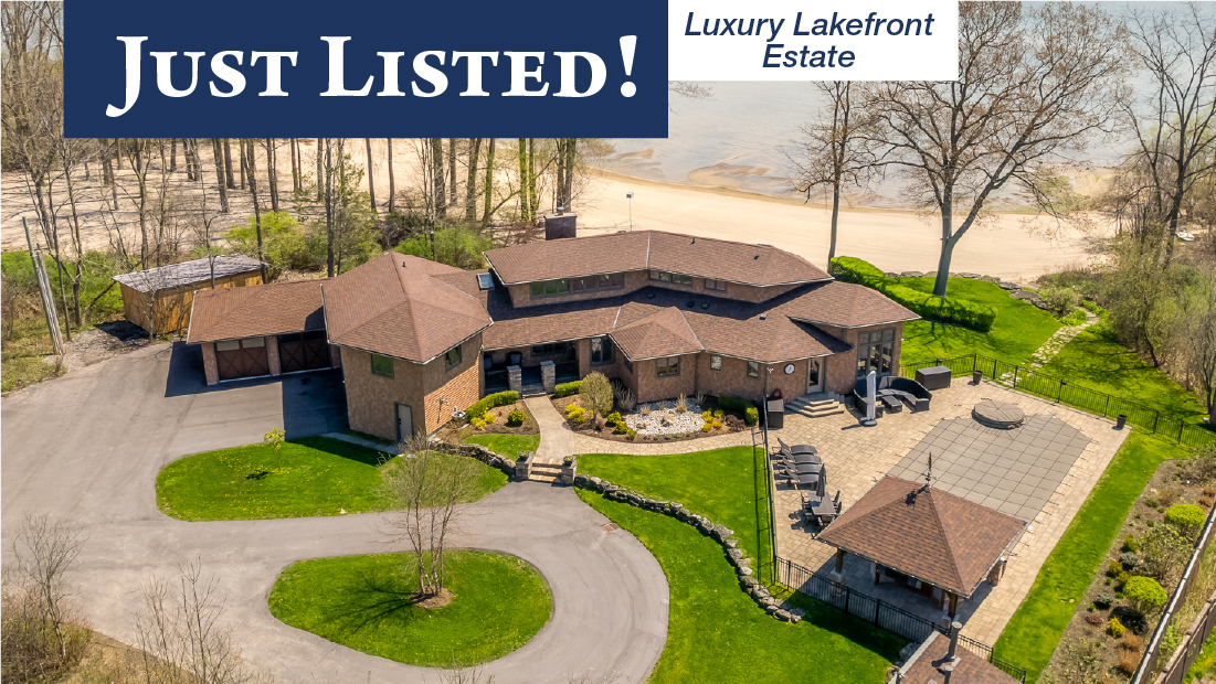 just listed banner with luxury lakefront estate flag on 1521 stockton ln fort erie listed for sale by frank ruzycki real estate