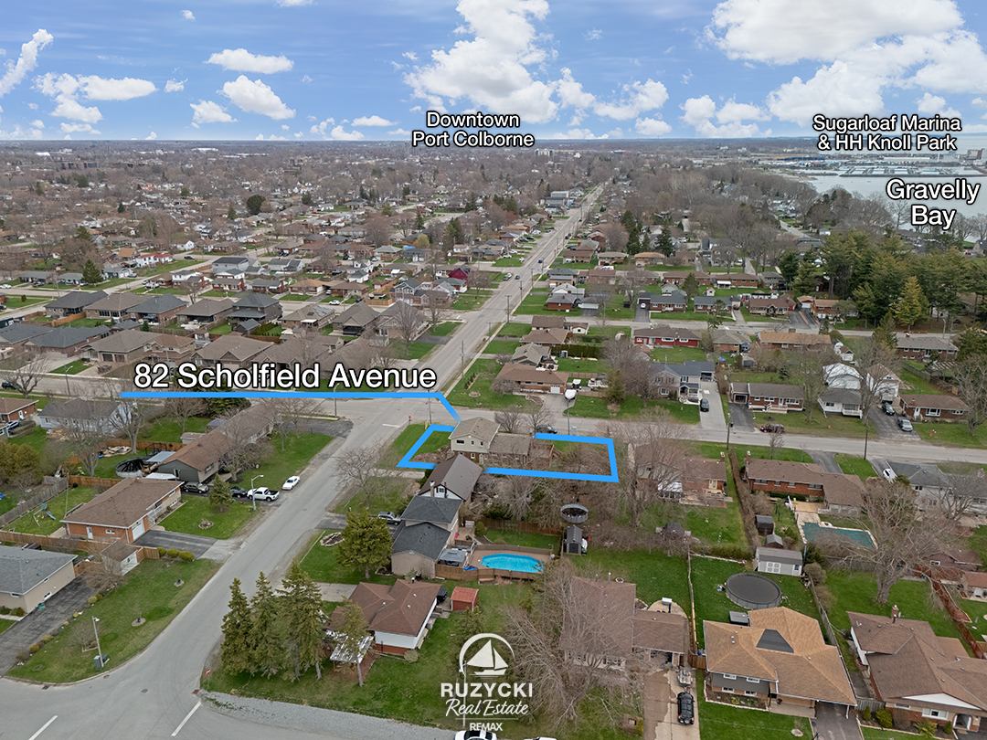 Aerial view showing location of 82 Scholfield Avenue and downtown Port Colborne