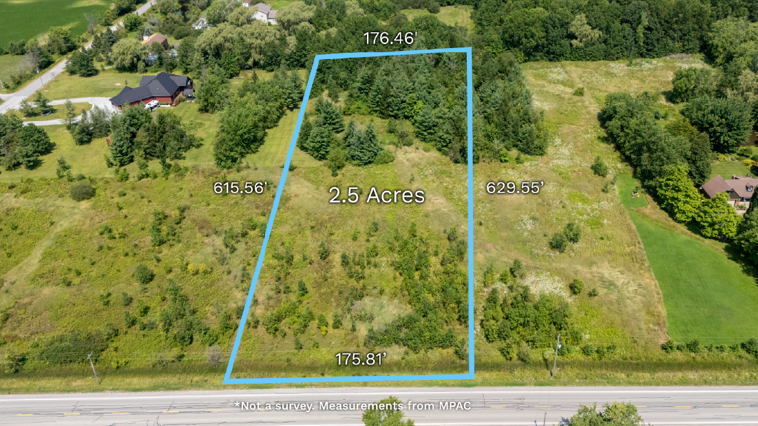 aerial view of ns forks rd wainfleet vacant lot with approximate lot outlines and dimensions. not a survey. measurements from MPAC