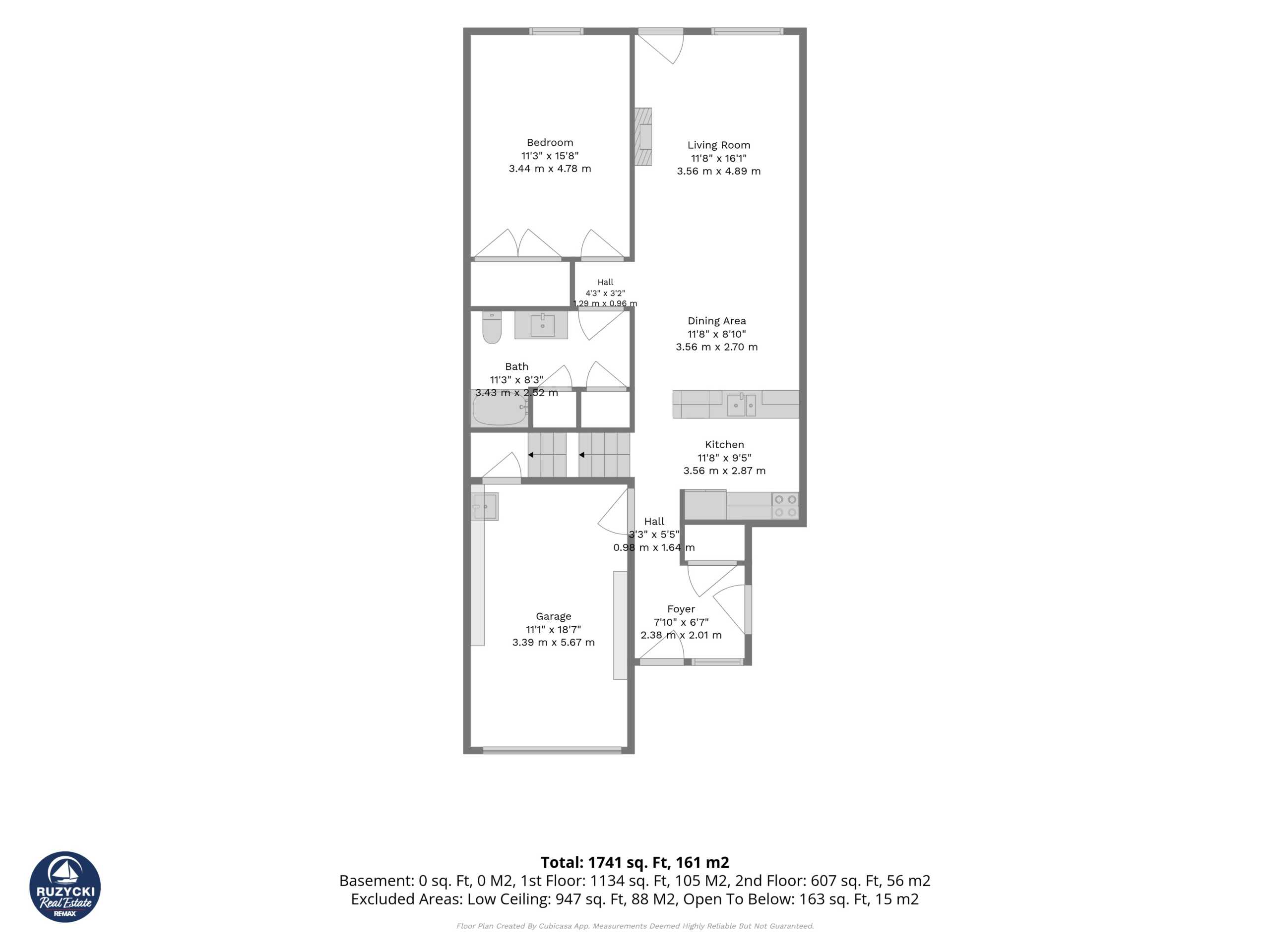 2nd_floor_319_elgin_street_port_colborne_with_dim main floor floor plan. open concept kitchen, dining area, and living room. with a 4 piece bath, main floor bedroom, and indoor garage access