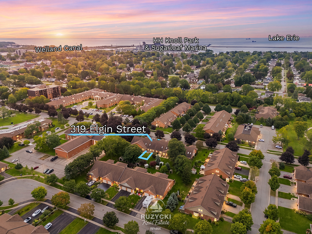 319-elgin-street-port-colborne_05 aerial view of brick townhome with nearby points of interest