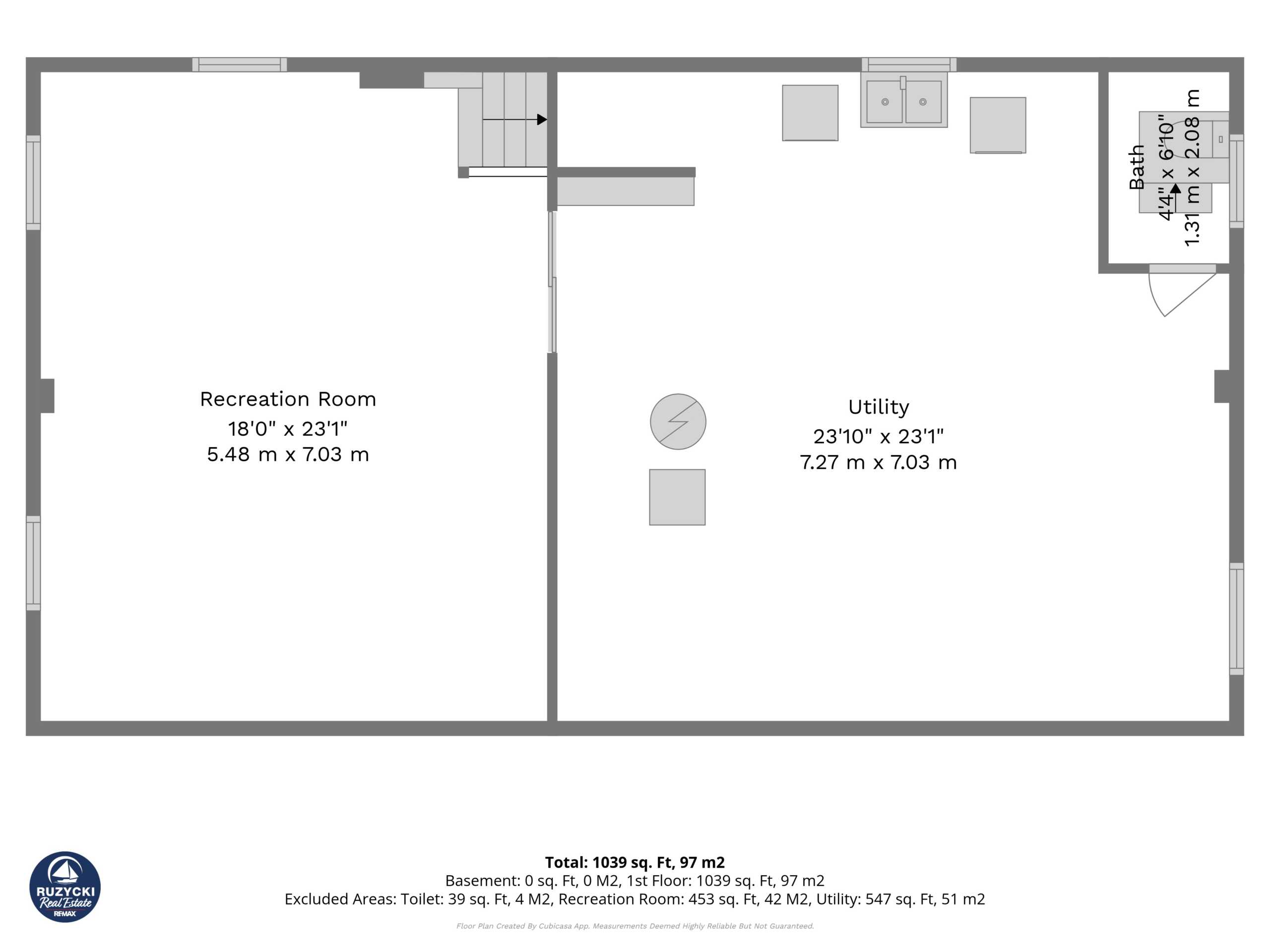 1st_floor_109_hampton_avenue_port_colborne_with_dim basement floor plan showing a recreation room, utility/laundry room, and a 1 piece bath