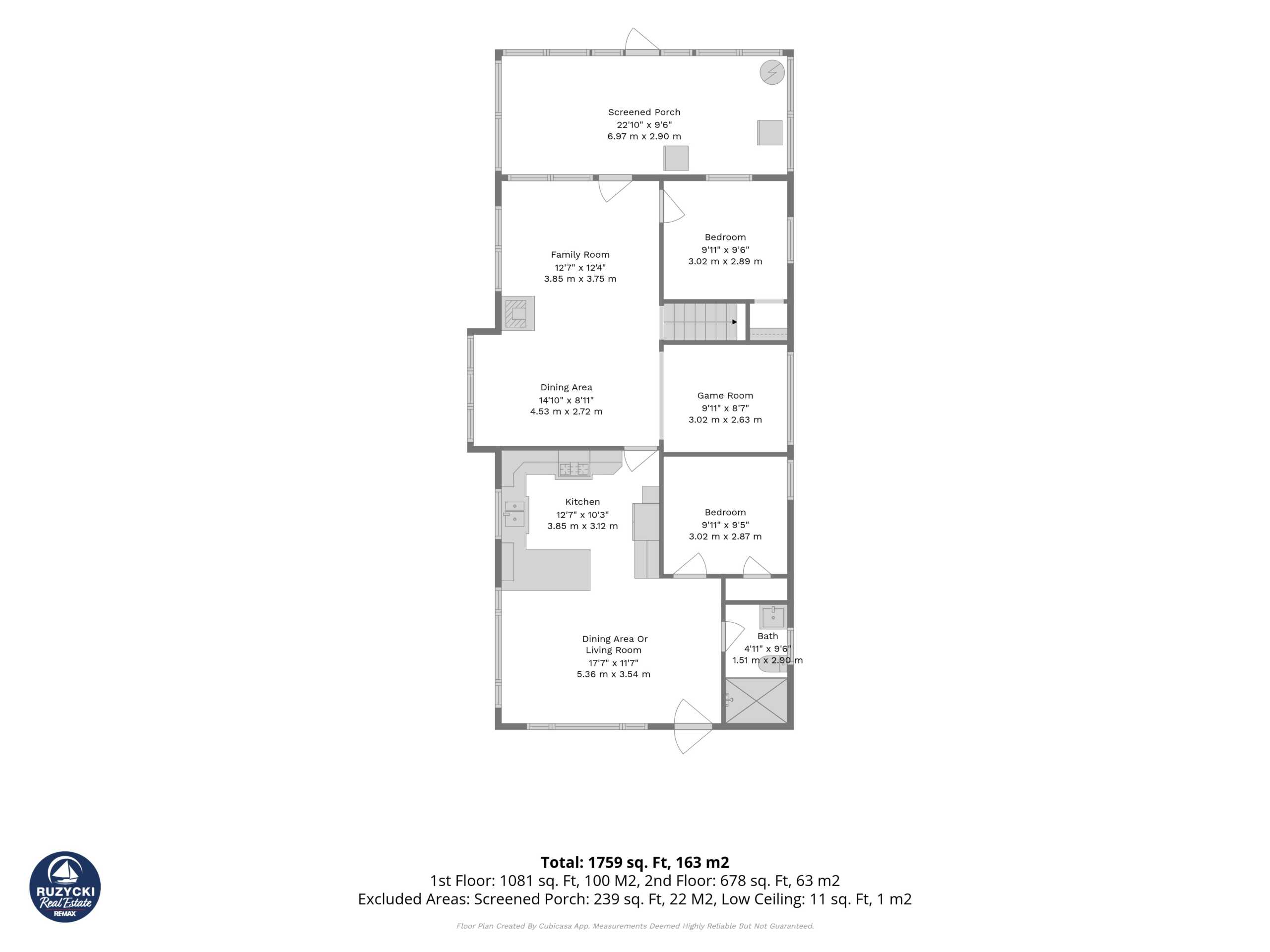 main floor floor plan with kitchen, living room, dining area, family room, 2 bedrooms, a game room, a 3 piece bath, and a screened porch