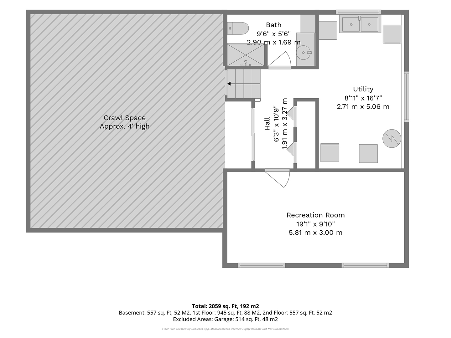 1st_floor_29_runnymede_road_port_colborne_with_dim basement floor plan with 4' high crawlspace, recreation room, 3 piece bathroom, and utility/laundry room