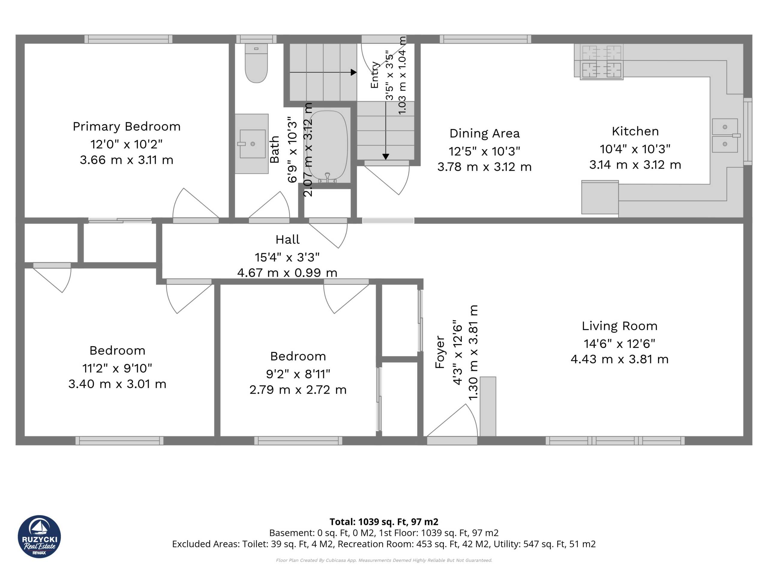 2nd_floor_109_hampton_avenue_port_colborne_with_dim main floor floor plan showing 3 bedrooms, a 4 piece bath, kitchen, dining area, and living room