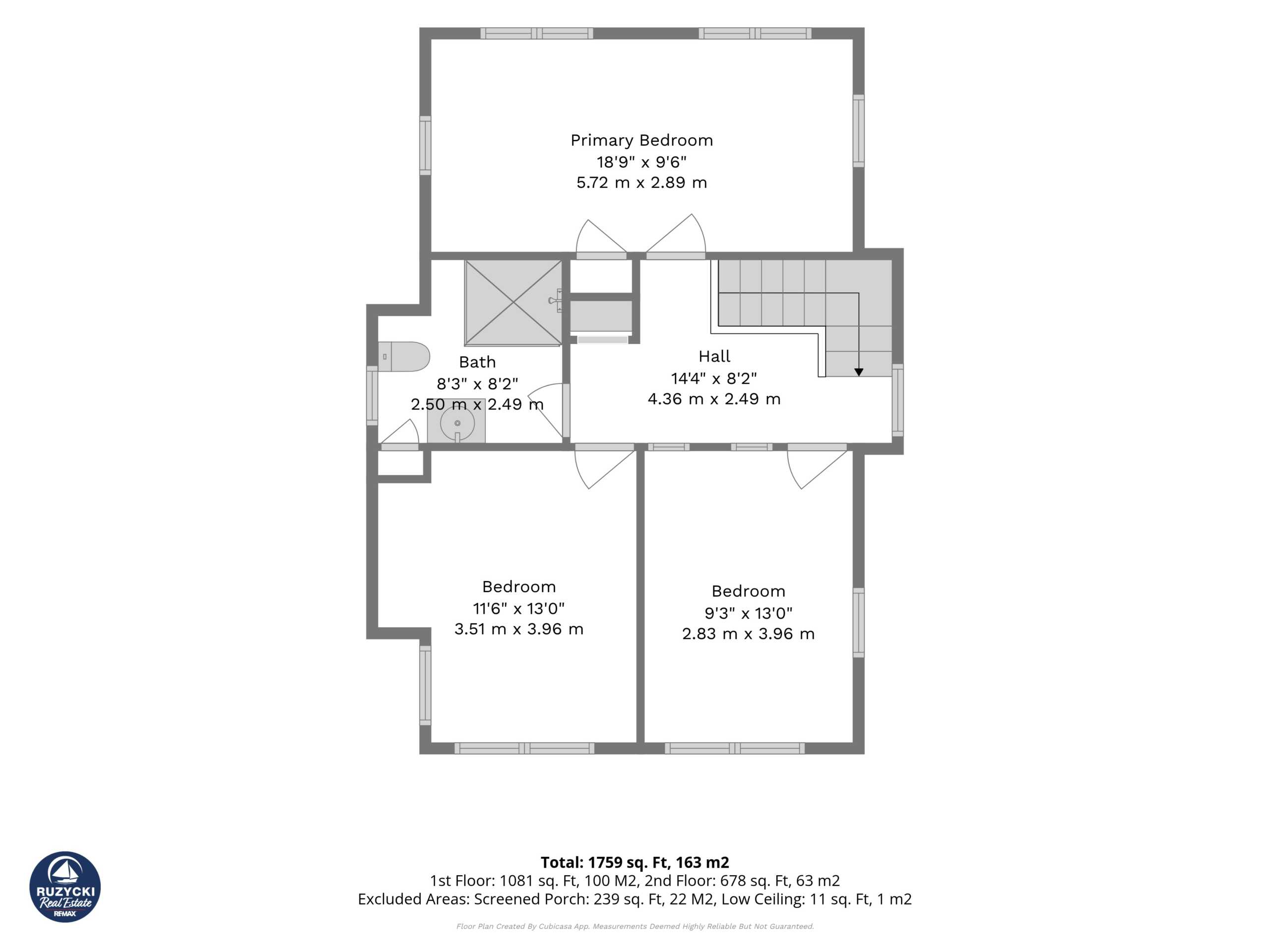 upstairs floor plan with 3 bedrooms and a 3 piece bathroom