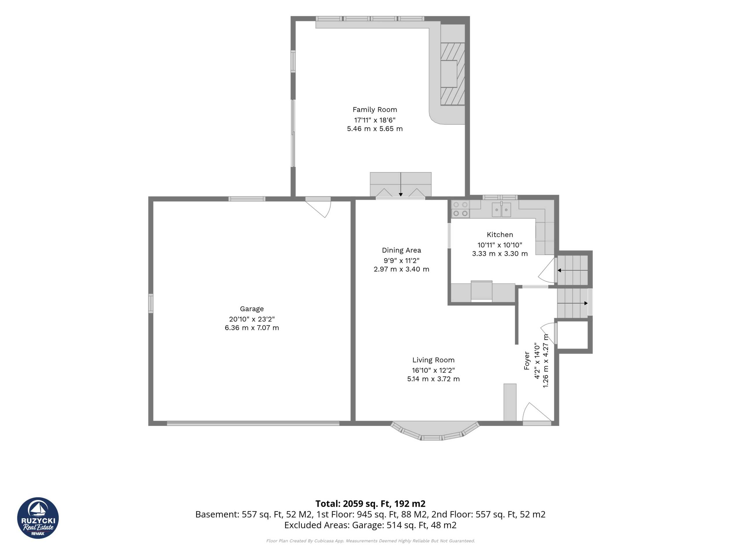 2nd_floor_29_runnymede_road_port_colborne_with_dim main floor floor plan with living room, kitchen, dining area, family room, and attached garage